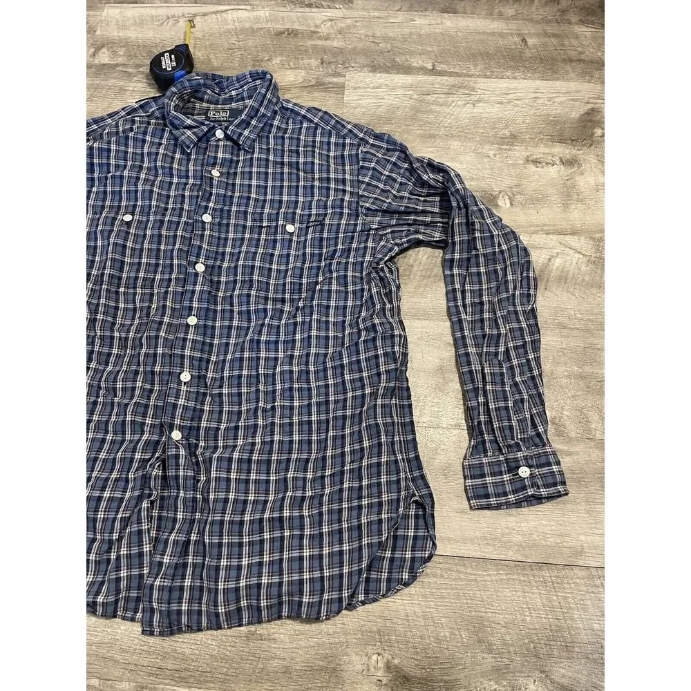 Polo Ralph Lauren Linen Button Up Shirt Men's XL Blue Plaid Breathable‎ Preppy - Picture 4 of 10